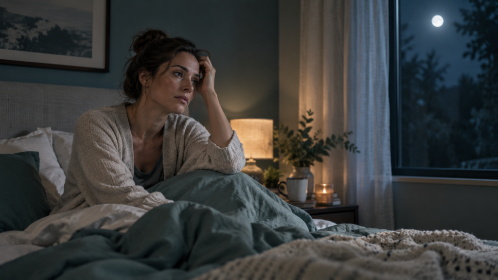 Nachts wach Gedanken kreisen - Frau sitzt nachdenklich im Bett