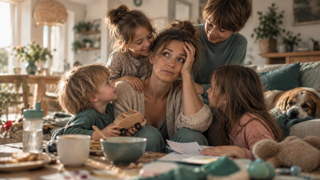 Patchwork Familie ueberfordert - Mutter mit mehreren Kindern zuhause