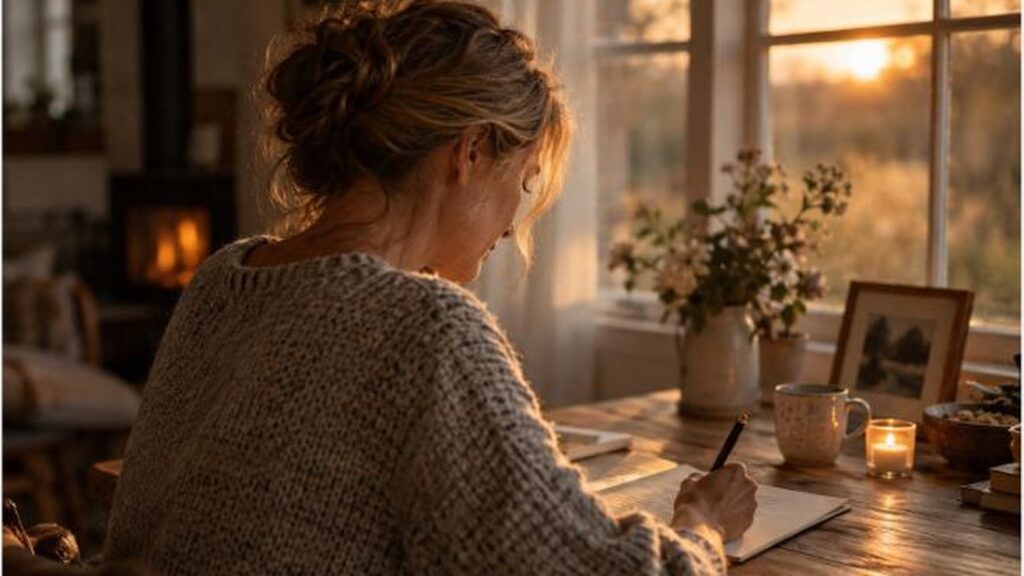 Frau schreibt bei Sonnenuntergang einen Brief am Fenster - Vergebung was sie ist und was sie nicht ist